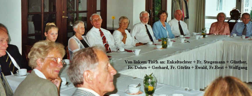 Von linkem Tisch an: Enkeltochter + Fr. Stegemann + G�nther,    
Fr. Dohrn + Gerhard, Fr. G�rlitz + Ewald, Fr.Best + Wolfgang